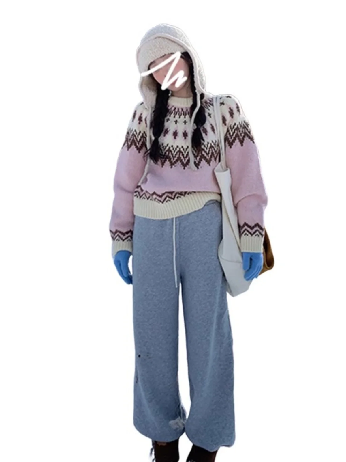 

Korean Sle Soft Thiened Fair Isle Pink Sweater Women's Spring Autumn Loose Lazy Top round Ne Long Sve Regular Length