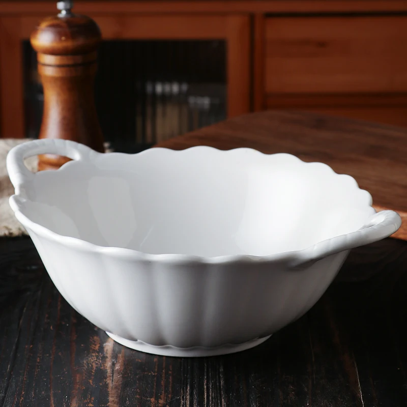 

Large Ceramic Bowl Double Ear Soup Bowl Fruit Bowl French Style Dinnerware Dishwasher Safe Bulk Popular China Made White Porc...