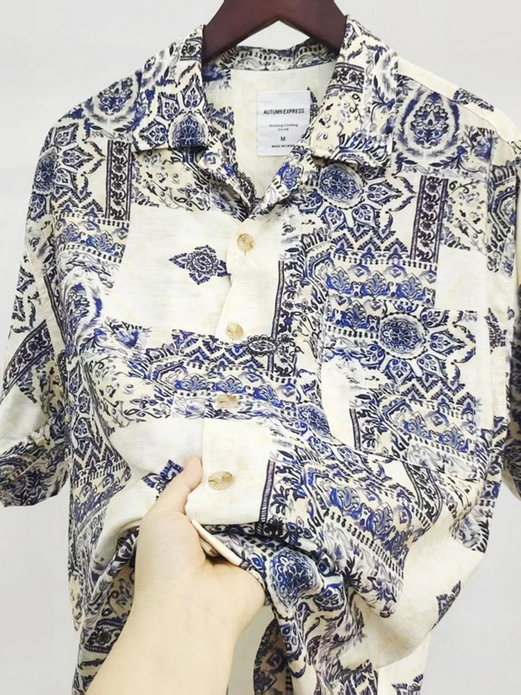 

Hawaii Vaion Sle! New American Trend Cuban Collar Retro Print Loose Casual irt Men Summer Faion Urban Breathable o...