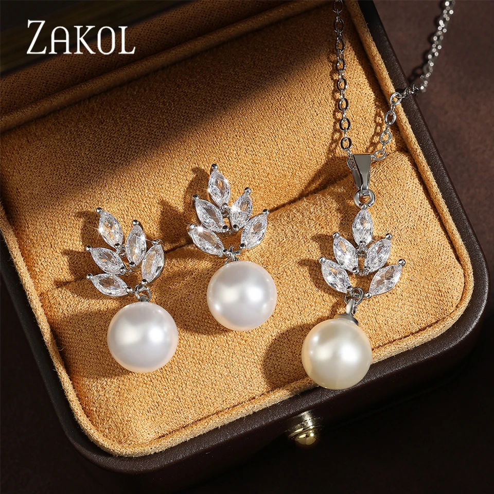 Luxury CZ Zirconia Simulated Pearl Drop Earrings Pendant Necklace Exquisite Crystal Wedding Jewelry for Elegant Women