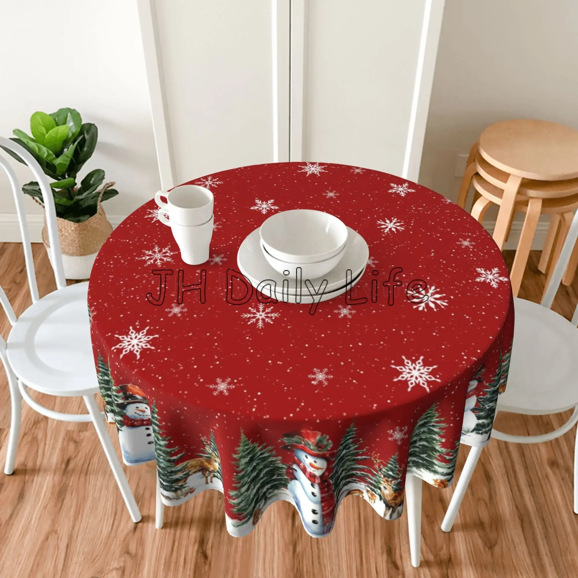 Christmas Red Round Tablecloth 60 Inch Snowman Winter Snowflake Reindeer Decor Polyester Fabric Washable Table Cover for Holiday