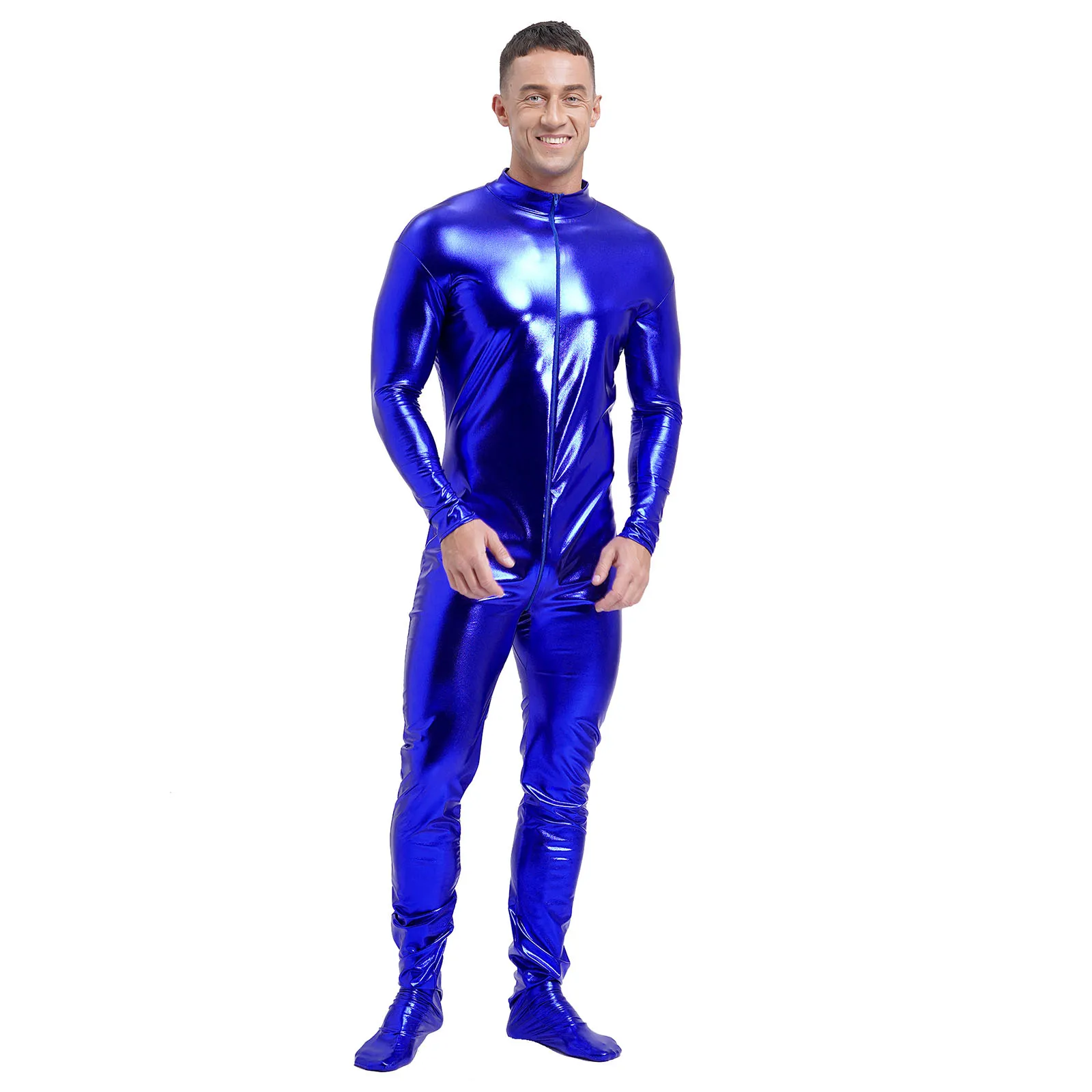 Mens Shiny Metallic Unitard Mock Neck Long Sleeve Front Zippre Full Body Bodysuit Zentai Costume for Stage Performance Costume view 4