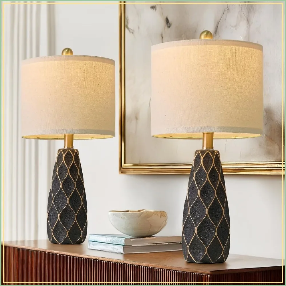 Set of 2 Ceramic Table Lamps, Modern Boho Farmhouse Nightstand Lamps for Living Room Bedroom Home Office Desk Decor, Black
