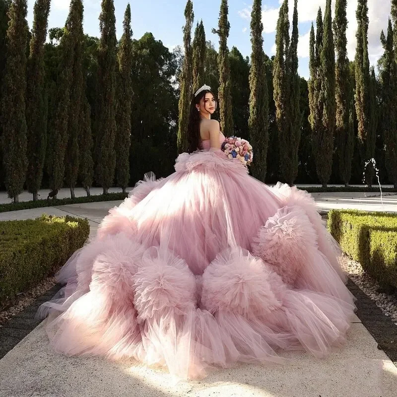 Rosa fora do ombro quinceanera vestidos de tule em camadas miçangas pageant rendas até vestidos de 15 anos 2025 princesa vestido de baile