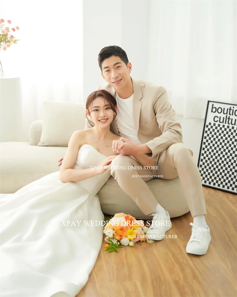 XPAY Sweetheart Strapless Korea Wedding Dresses Sleeveless Open Back Wedding Photo Shoot Floor Custom Made Robe de marriage