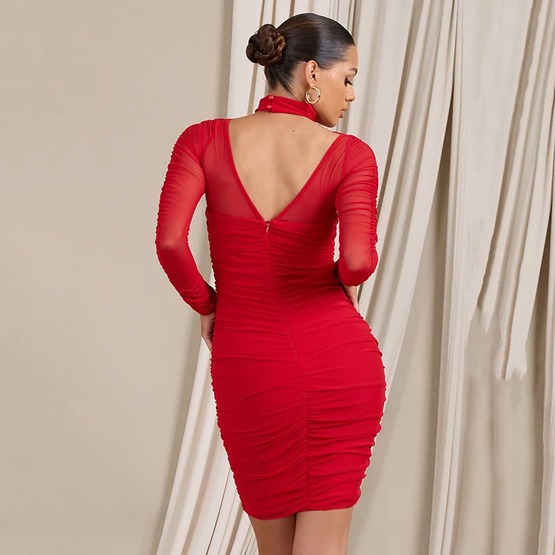 2025 verão novo halter pescoço fora do ombro para mulheres moda sexy manga longa sem costas bodycon vestido