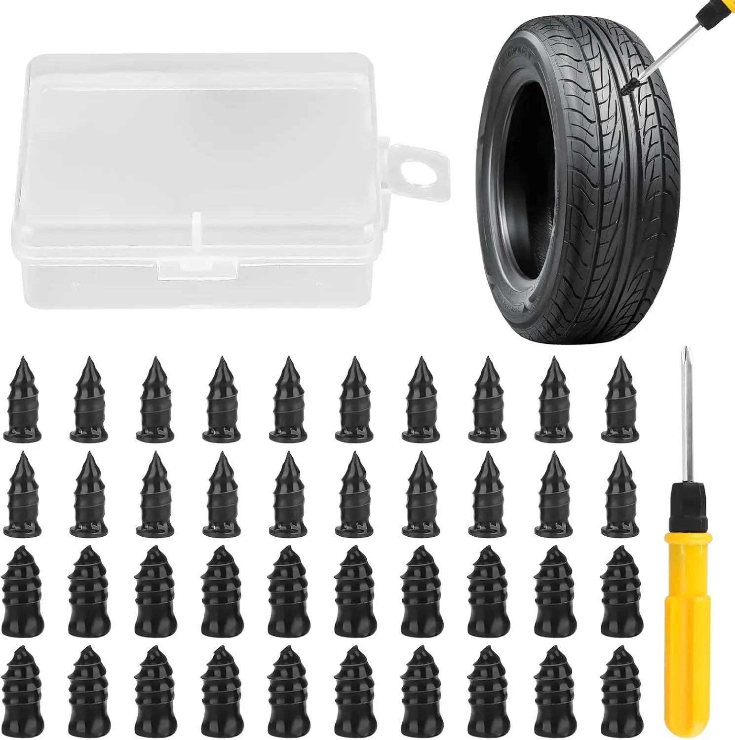Tire Repair Rubber Nail Kit 40PCS Screw-in Emergency Flat Puncture Repair Tool for Tubeless Tire on Car Motorcycle