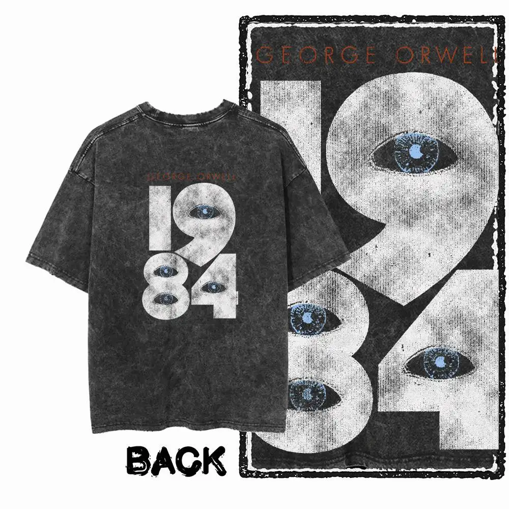 G02 Back Print Cotton Big Size 1984 Graphic Men T-shirt | Acid Washed Streetwear Cool Vintage O-neck Men's Tee Tshirt