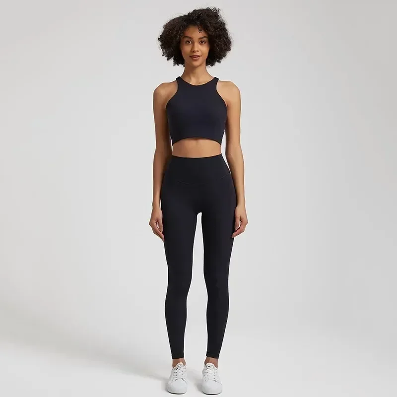 

Lemon 2pc Suit Women Soft Gym Fitness Yoga Set Legging Tight Sport Tank Bra Top Comprehensive Training Jogging Women Round Neck