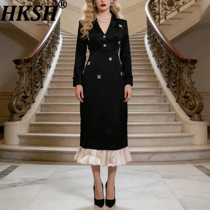 HKSH Women Dress Notched Collar Long Sleeve Studded Diamonds Patchwork Pleated Hem Contrast Color Elegant Dresses Spring HK23486