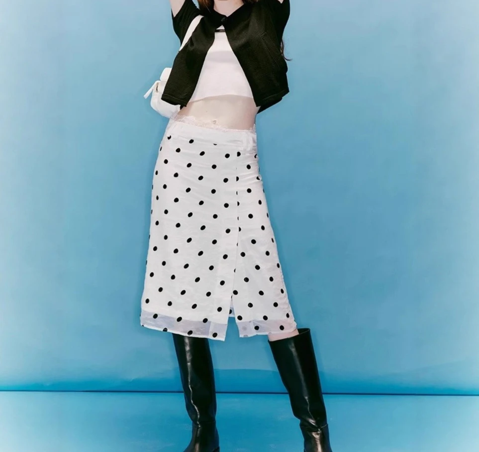2026 Lace Polka Dot Midi Skirt  Women's Retro Versatile Midi Skirt