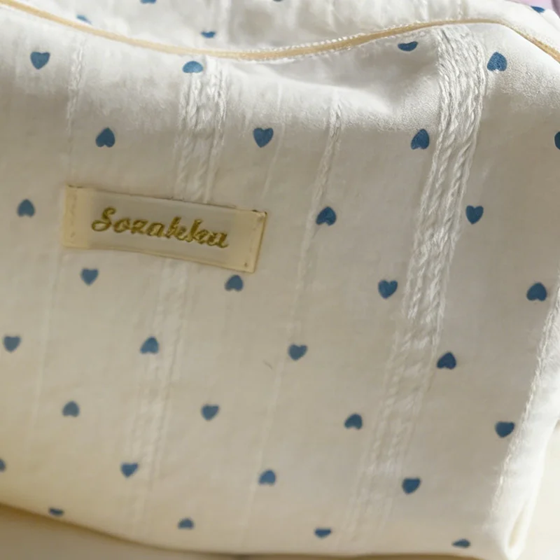 

Женская косметичка на молнии, портативный органайзер для туалетных принадлежностей, милая полосатая холщовая сумка для макияжа с сердечками для девочек