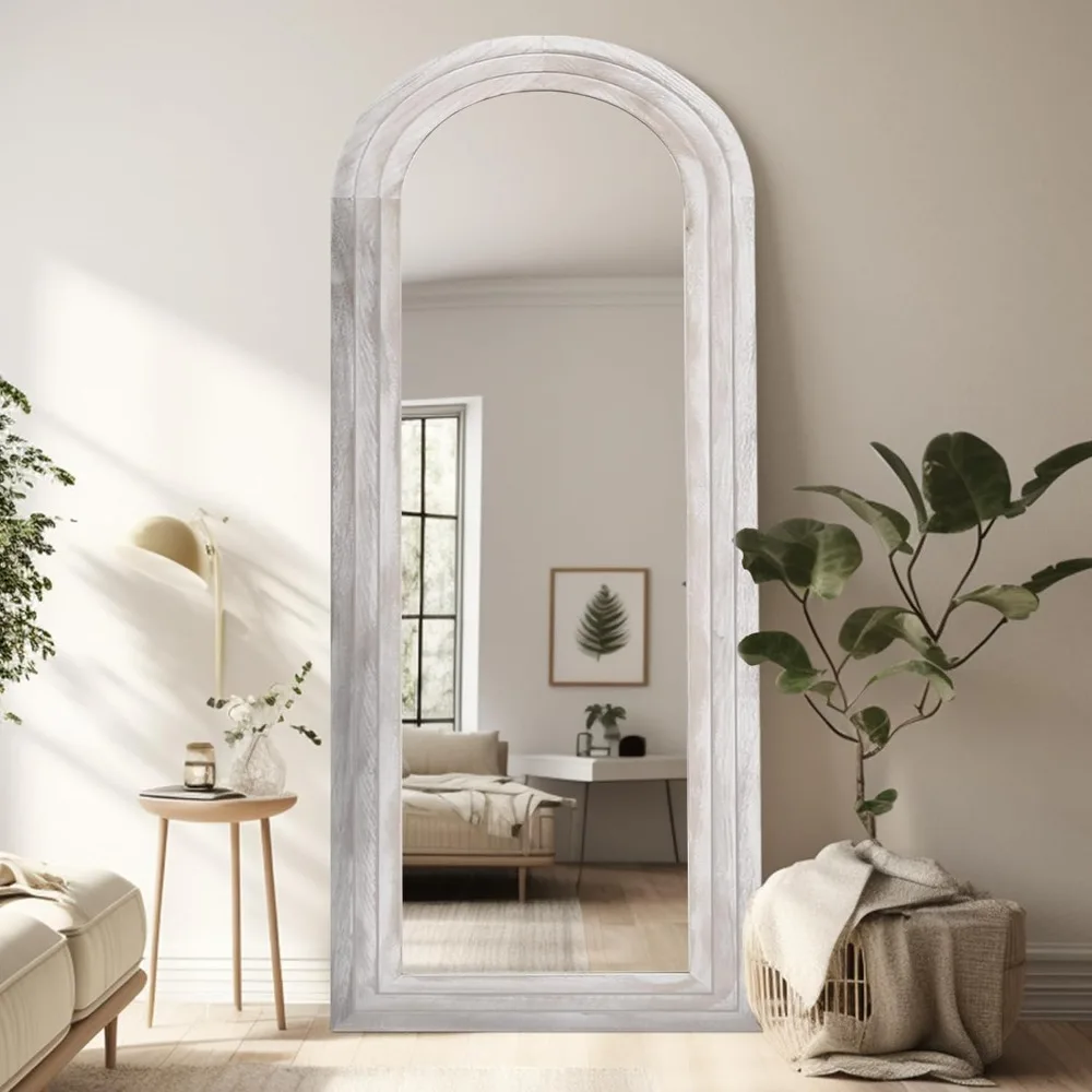 Arched Full Length Mirror with Solid Wood Frame, 65x22 Farmhouse Wall Mirror Full Length with Stand, Vertical Hanging, Leaning