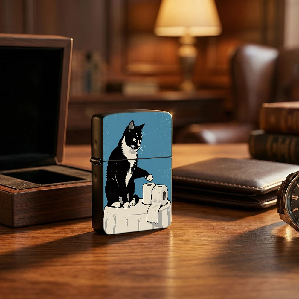 Flip Top Lighter Funny Tuxedo Cat Toilet Paper Cartoon Pattern lighters vintage lighters for smokers Humorous Style Hobby Gift