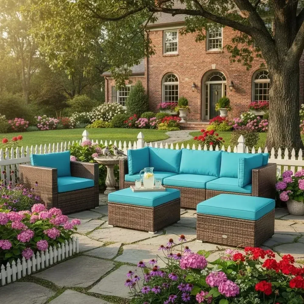 6-Piece Turquoise Wicker Outdoor Patio Furniture Set with Sectional, Glass Coffee Table, and Ottoman