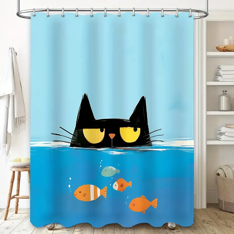 

Unique Black Cat Fish Pattern Waterproof Shower Curtain for Cat Lovers Quirky Bathroom Decor Adds Fun Whimsy Complimentary hook