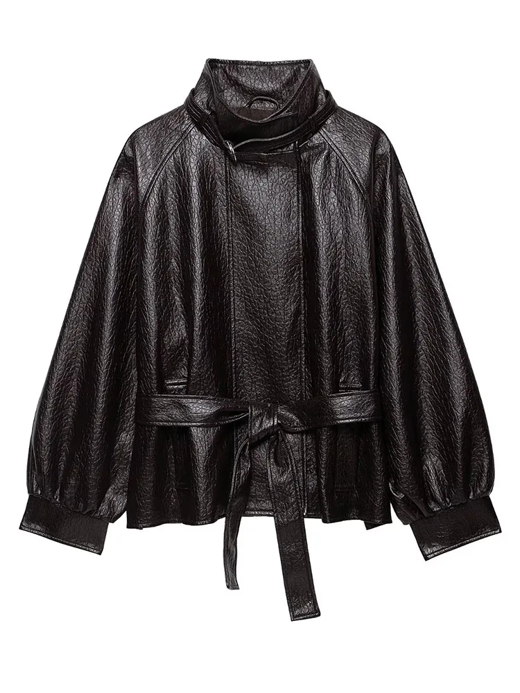 HH Vintage Faux Leather Belted Jacket Women’s Autumn Winter Oversized Stand Collar Long Sleeves Elegant Street Style Chic Coats
