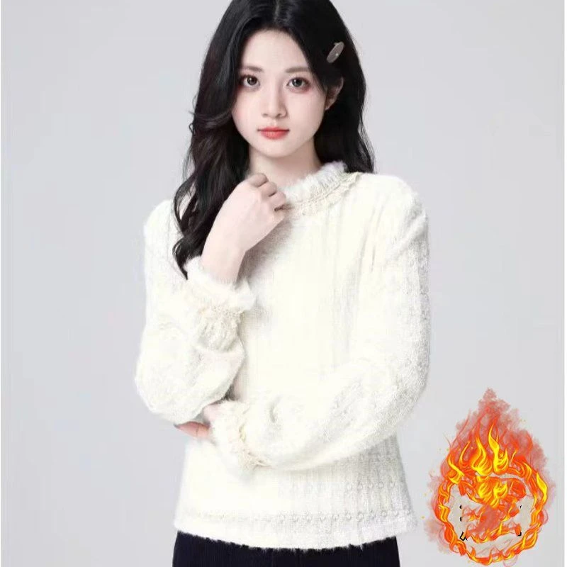 Women's Apricot Ruffle Long Sleeve Base Shirt Fleece Lined Mock Neck Lace Thickened Inner Top