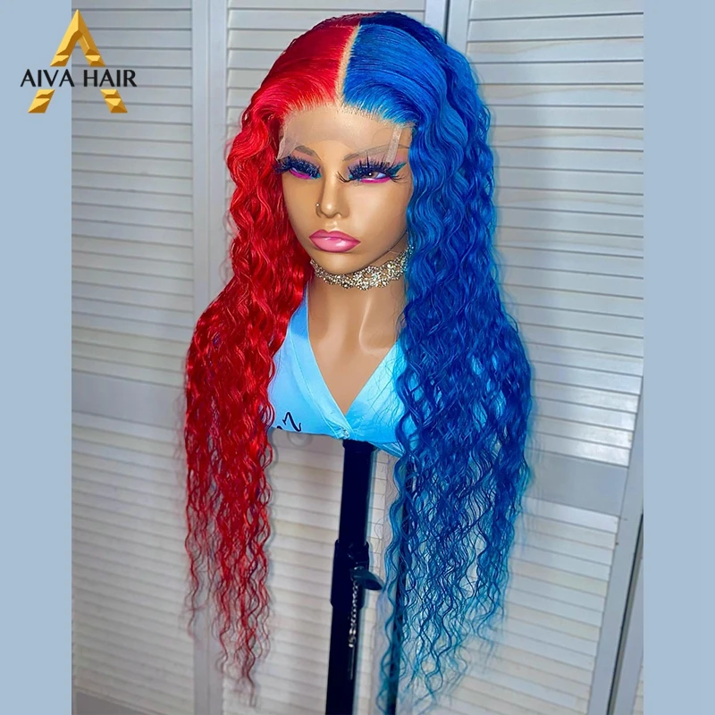 Mezzo rosso mezzo blu colore 30 pollici crespi ricci 13x4 pizzo sintetico anteriore invisibile Drag Queen parrucche Cosplay per le donne nere 180%