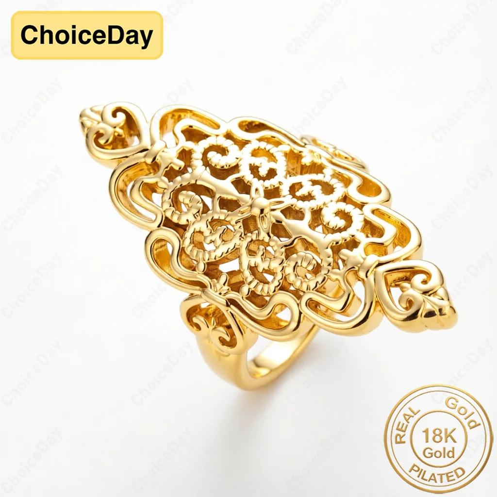 

Charming 18K Gold Plated Vintage Openwork Wide Ring, Fashionable Women's Engagement Party Gift Accessories Jewelry