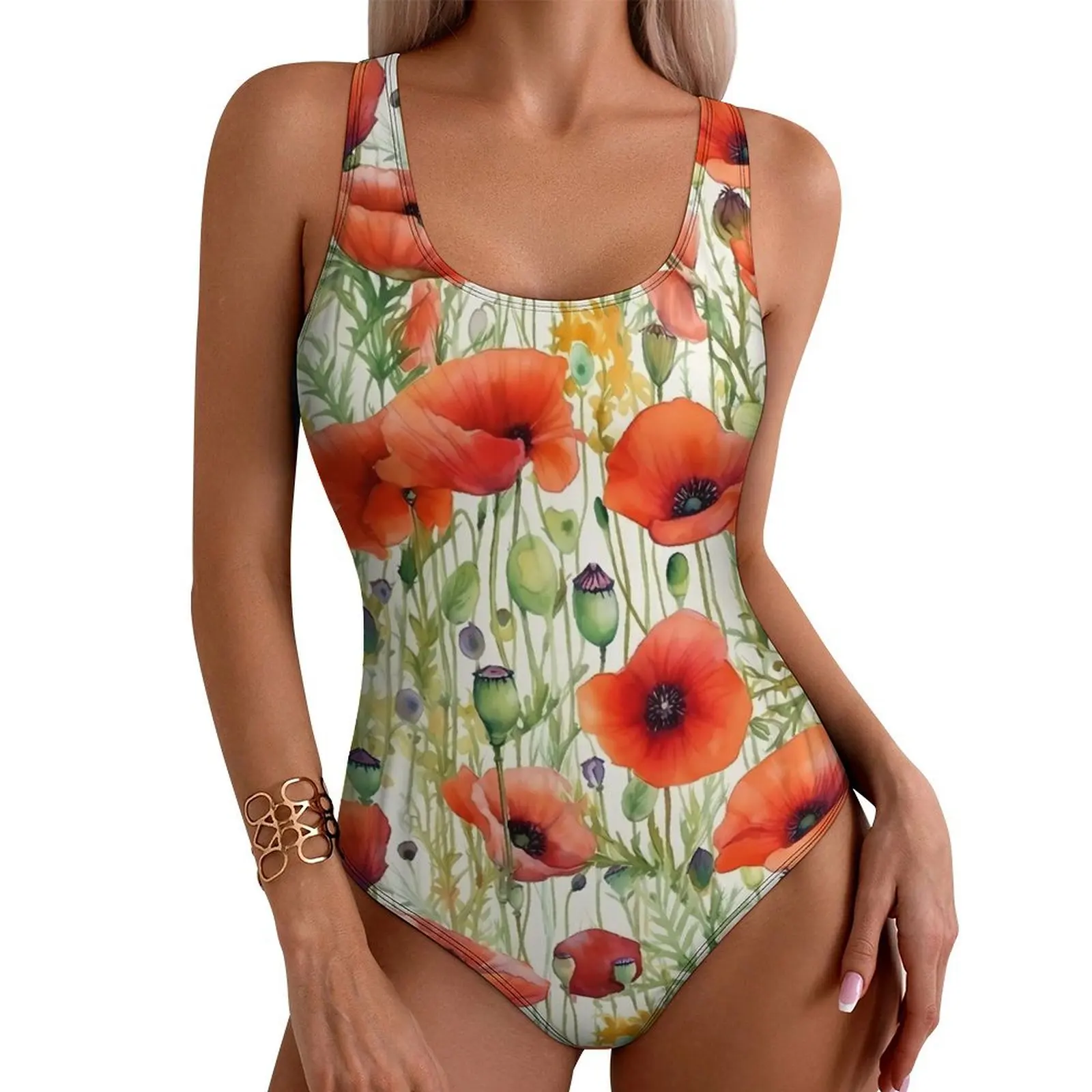 Boho Floral Swimsuit Sexy Watercolor Poppies One-Piece Swimwear Push Up Bodysuit Stylish Holiday Surf Beach Outfits