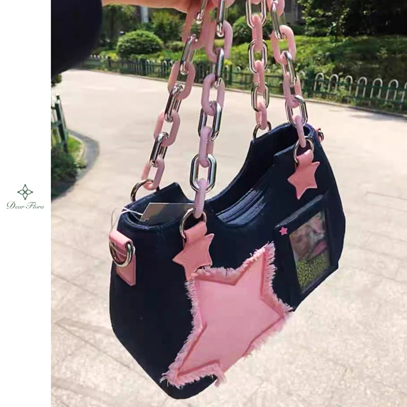 Y2K Vintage Korean Japanese Fashion Shoulder Underarm Harajuku Star Tote Denim Bag Women Chain Bag Zip Purses Messenger Handbag