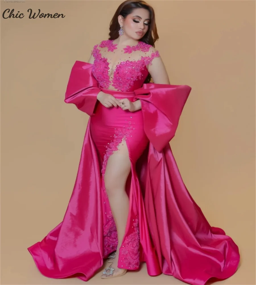 

Очаровательное ярко-розовое вечернее платье с верхней юбкой со шлейфом, большие размеры, платье русалки в арабском стиле для выпускного вечера с разрезом, кружево, расшитое бисером, на день рождения, по индивидуальному заказу