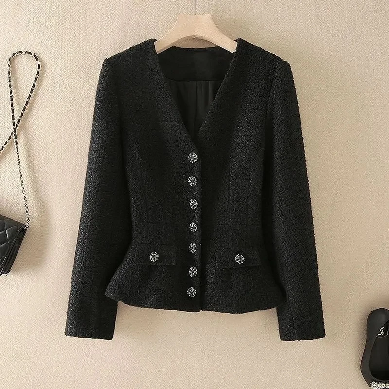 

Women's Retro Fragrant Jacket Classic Coarse Tweed V-Neck Spring Autumn Long Sleeved Coats