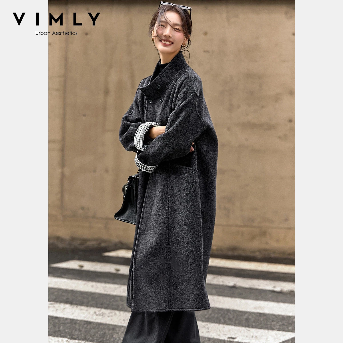 

VIMLY новые женские зимние пальто 2025, зимнее длинное пальто с воротником-стойкой на флисовой подкладке, женская одежда высокого качества 30325