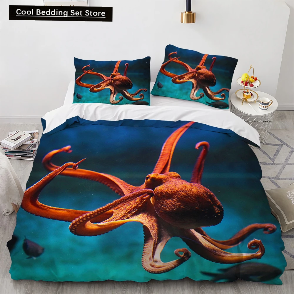 3D Octopus Duvet Cover King Queen Size Cute Cartoon Ocean Animal Bedding Set for Kids Teens Sealife 2/3pcs Polyester Quilt Cover