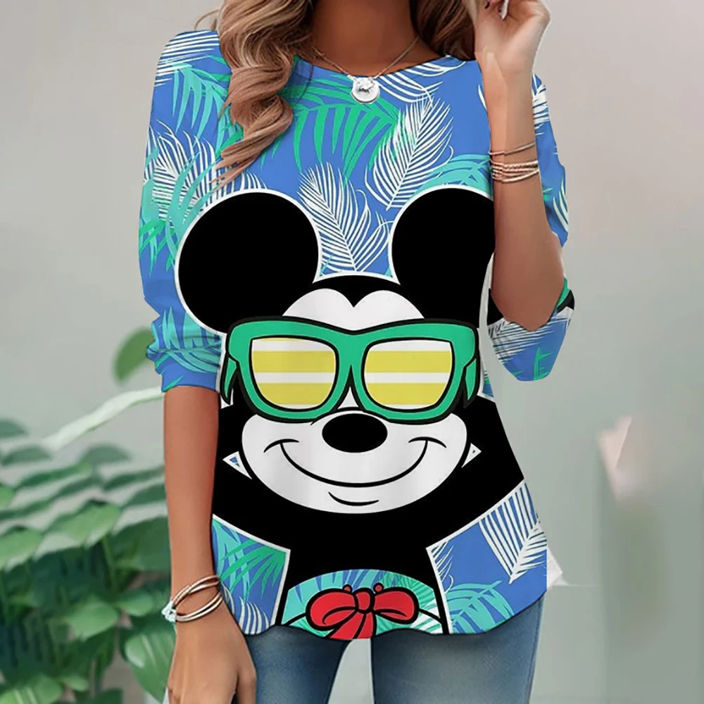 Women's long sleeved round neck loose casual T-shirt, women's long sleeved Disney Mickey Mouse printed pullover, fashionable