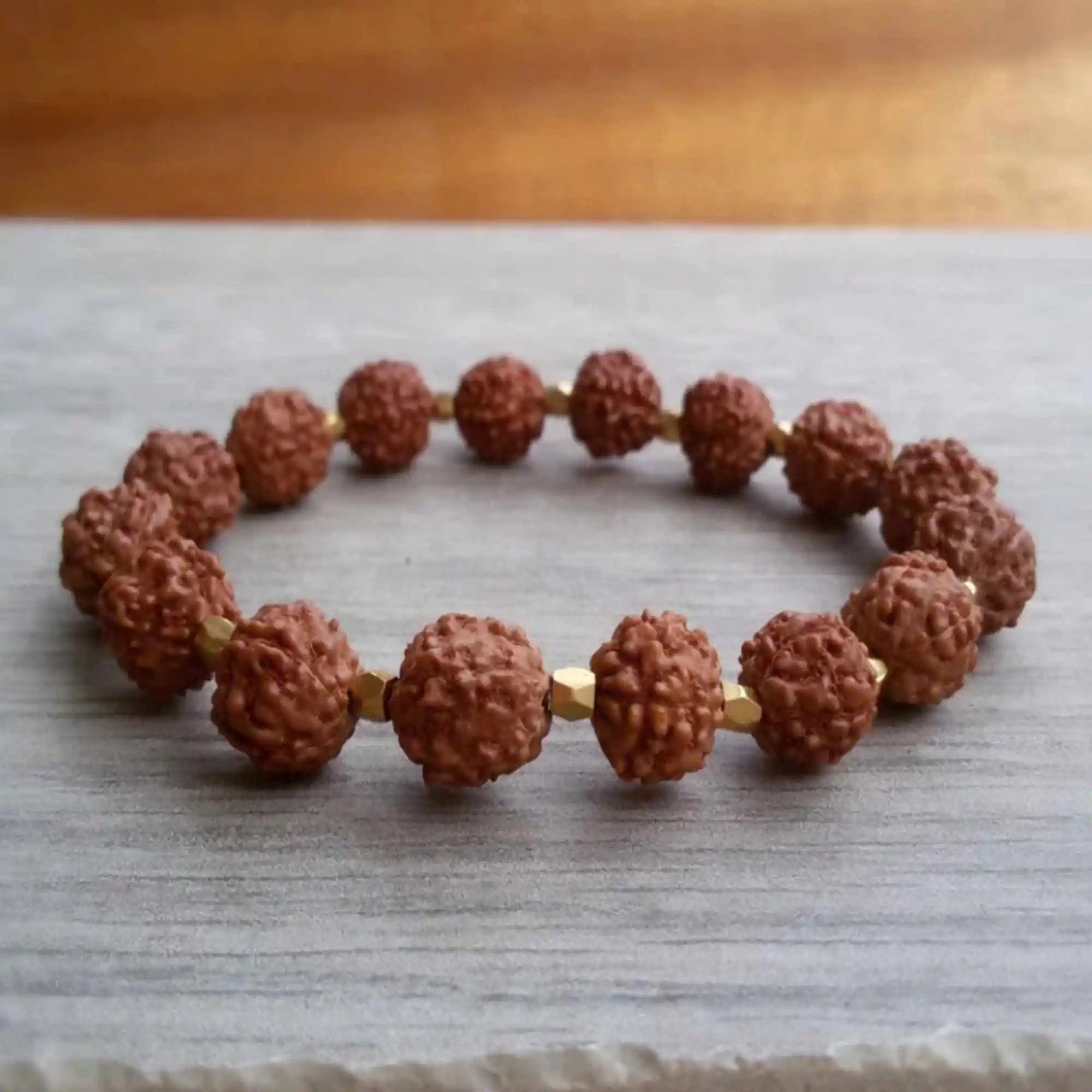 8mm Natural Rudraksha gemstone beads 18k gold Bracelet Custom Adjustable Contemporary Durable Artisan Classic Handmade Fabric