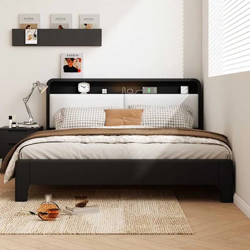 

Unique Nordic Double Bed Wood Modern Elegant Black Comferter Luxury Twin Bed Frame Modern Cama Doble Bedroom Set Furniture Queen