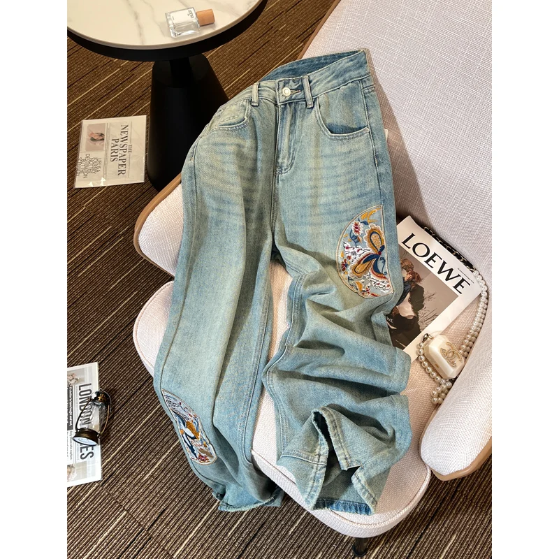 

Vintage embroidery High Waisted Jeans Y2K Fashion Women Clothing Straight Leg Denim Pants Trousers Jean Baggy Trousers Tall chic