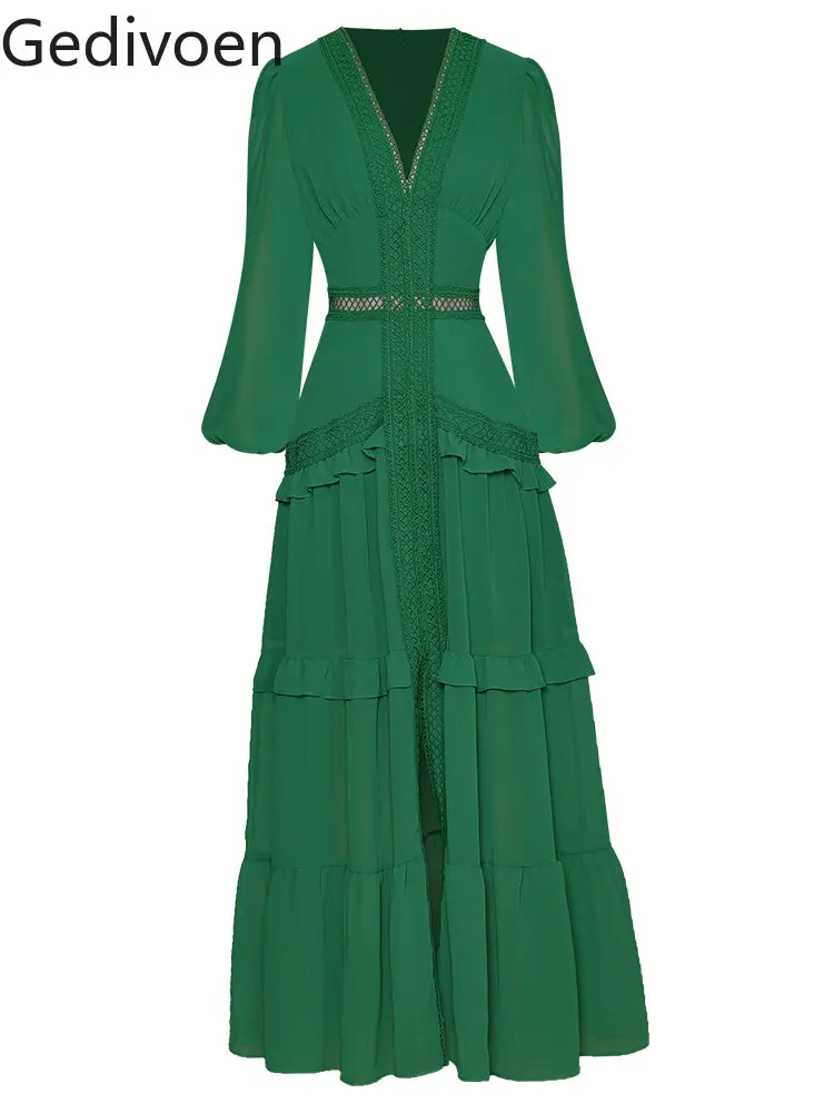 Gedivoen Fashion Designer dress Autumn Women\'s Dress V-Collar Lantern sleeve Hollow Ruffles Casual Green Maxi Dresses