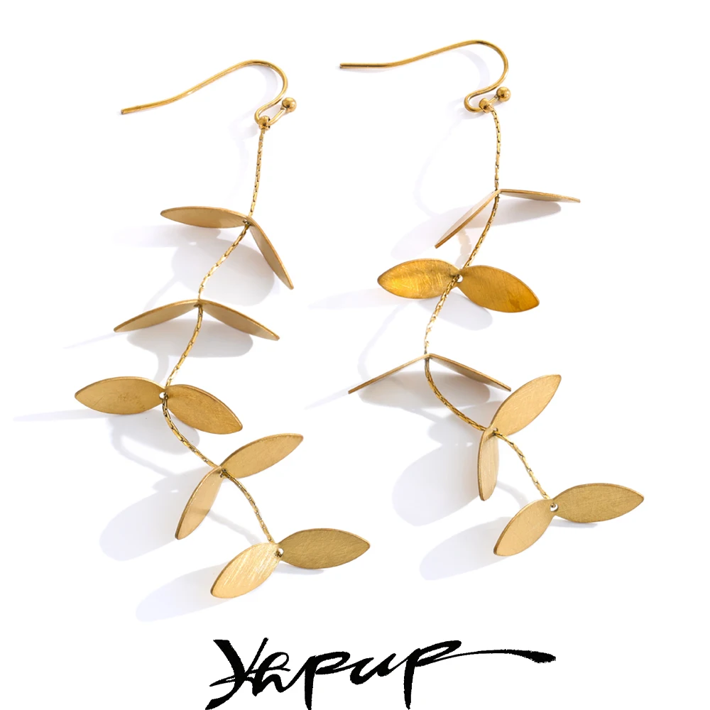 Yhpup Vintage Retro Old Stainless Steel Leaf Long Hanging Drop Earrings PVD Plated Prevent Allergy Metal Stylish Jewelry France