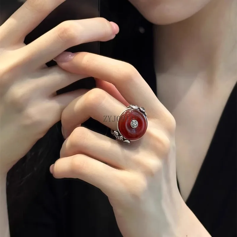 925 prata ágata fivela de segurança anel feminino retro novo estilo literário chinês e étnico jóias