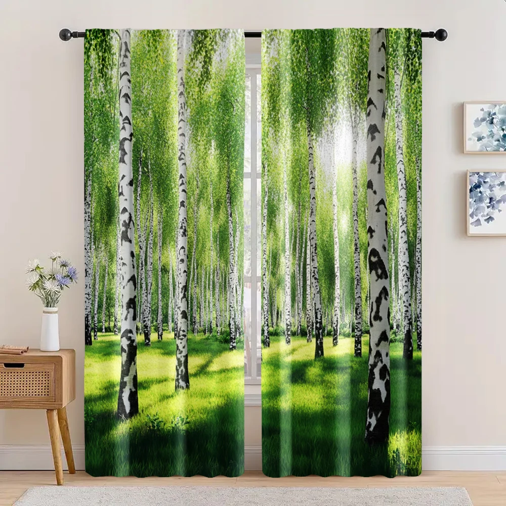 2pc,  Curtain curtainGreen birch forest meadow 100% Polyester,Without Electricity Festive Wall Decor Suitable for Holiday Decor