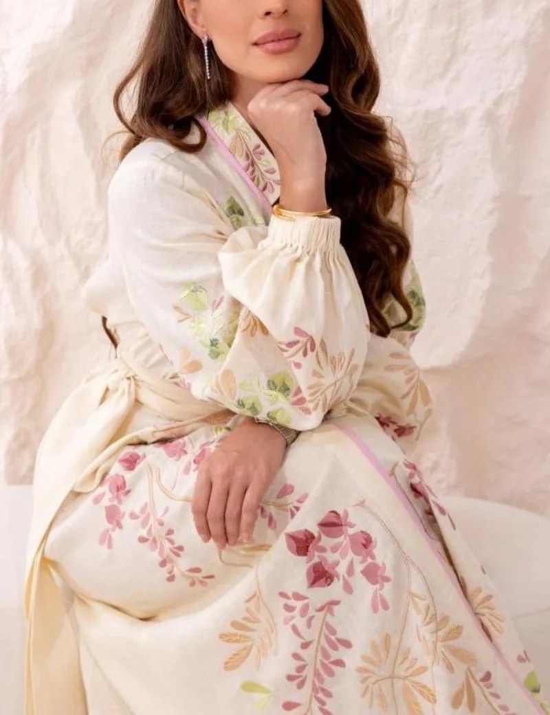 Damen Blumen-Korsett-Abaya-Kleid Boho Stehkragen Laternenärmel Maxikleid mit Quastengürtel Elegantes Langarm-Freizeitkleid – Detail 4