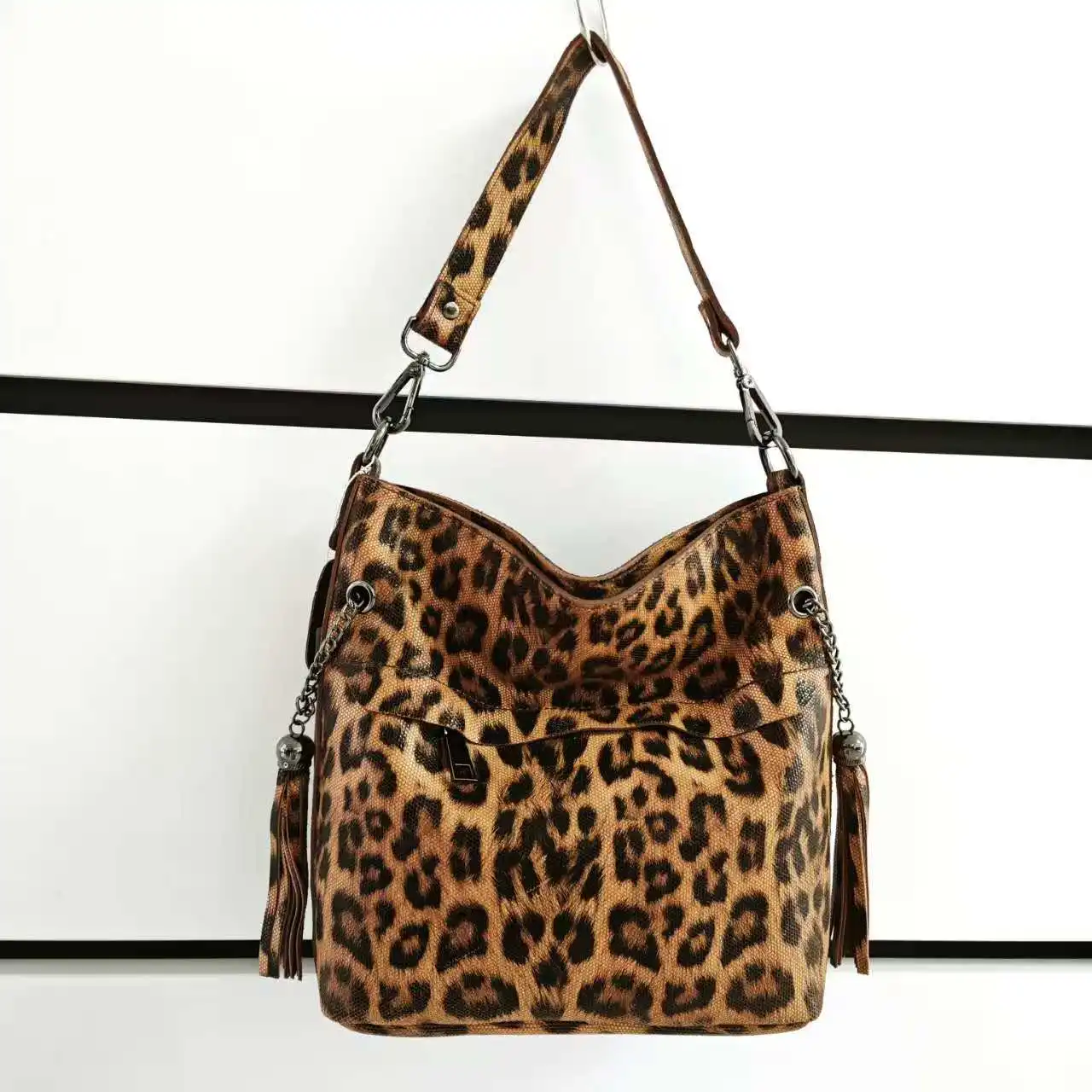 

Leopard Print Tassel Women's Handbag with Multiple Compartments Genuine Leather Shoulder Bag Crossbody Bag for Ladies