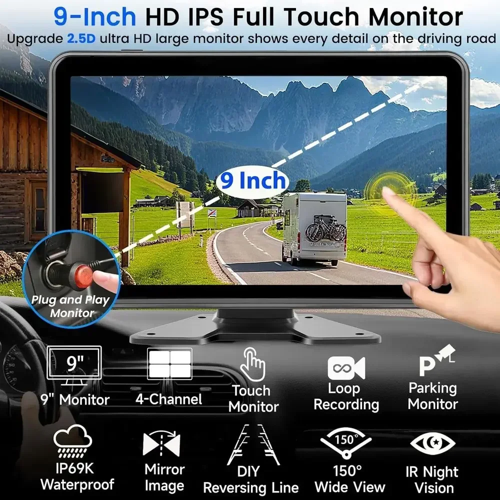 1080P 4-Wired Backup Camera System for Truck/RV Plug and Play, 9