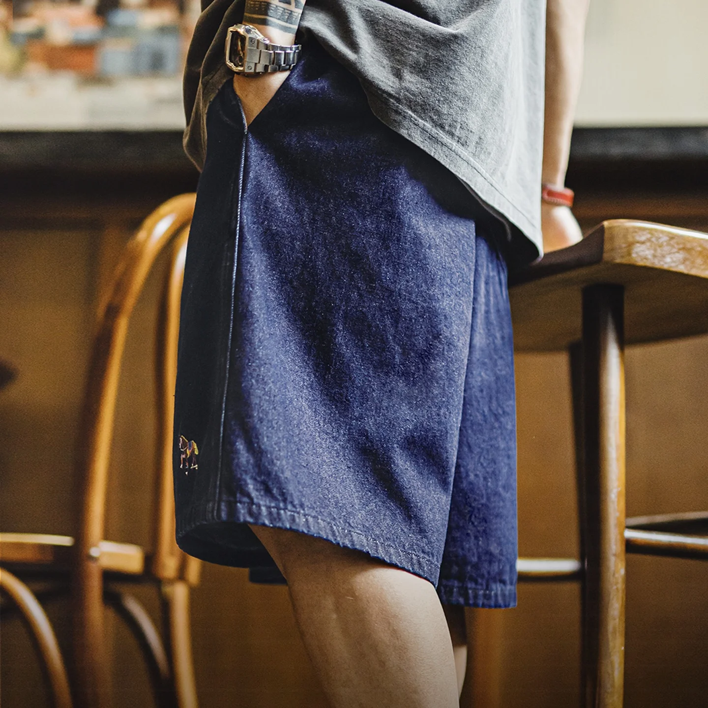 Maden Men's Washed Denim Blue Jean Shorts American Retro Workwear Embroidered Straight Five Inch Thin Casual Summer Bottoms