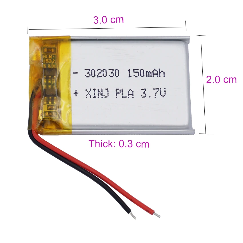 2pcs 3.7V 150mAh 0.555Wh Rechargeable Li-Polymer Li Battery JST 2Pin 1.0/1.25/1.5/2.0/2.54mm 302030 For GPS Bluetooth Speaker