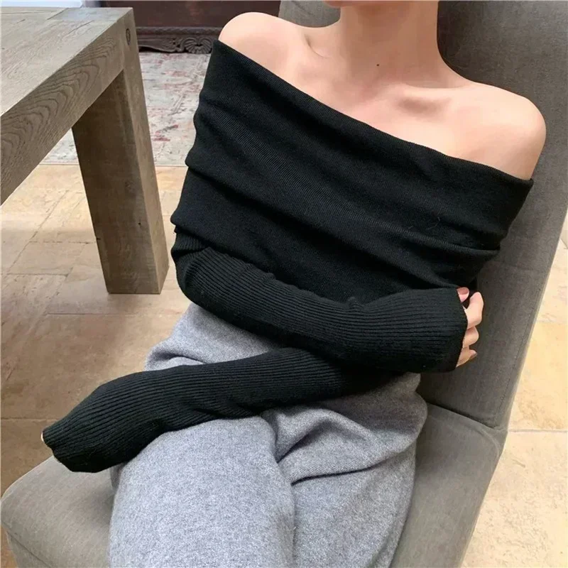 Ezgaga Off Shoulder Elegant Sweater Jumper Women Slash Neck Stretch Long Sleeve Pullover Solid All Match Outwear Korean Chic