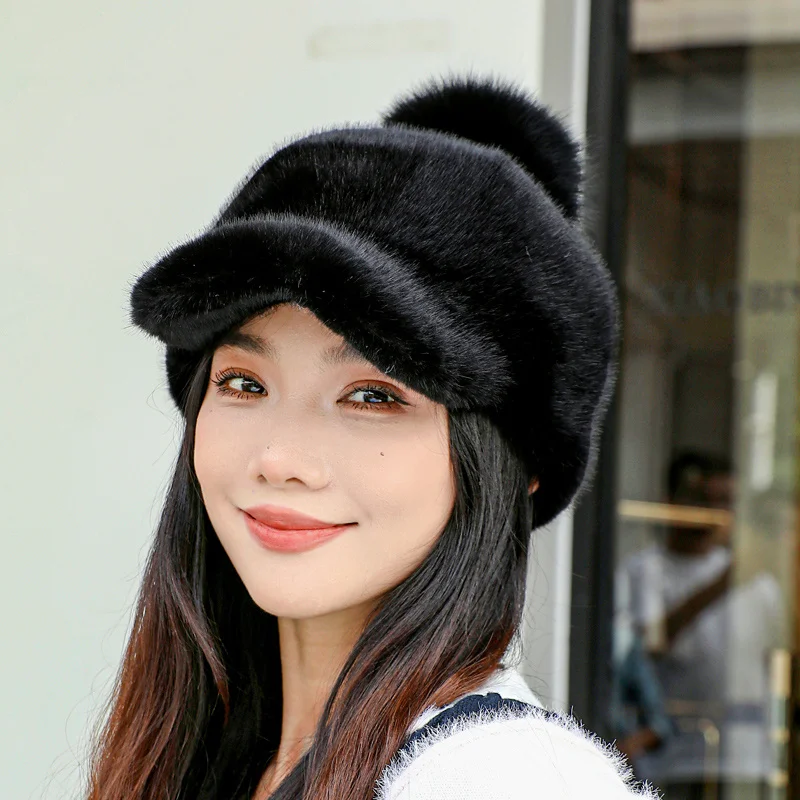 Y2k Fashion Mink Fur Hat Women\'s Winter Thick Warm Faux Mink Fur Cap Knight Hat Fur Duckbill Hat Baseball Cap Trendy Caps Women