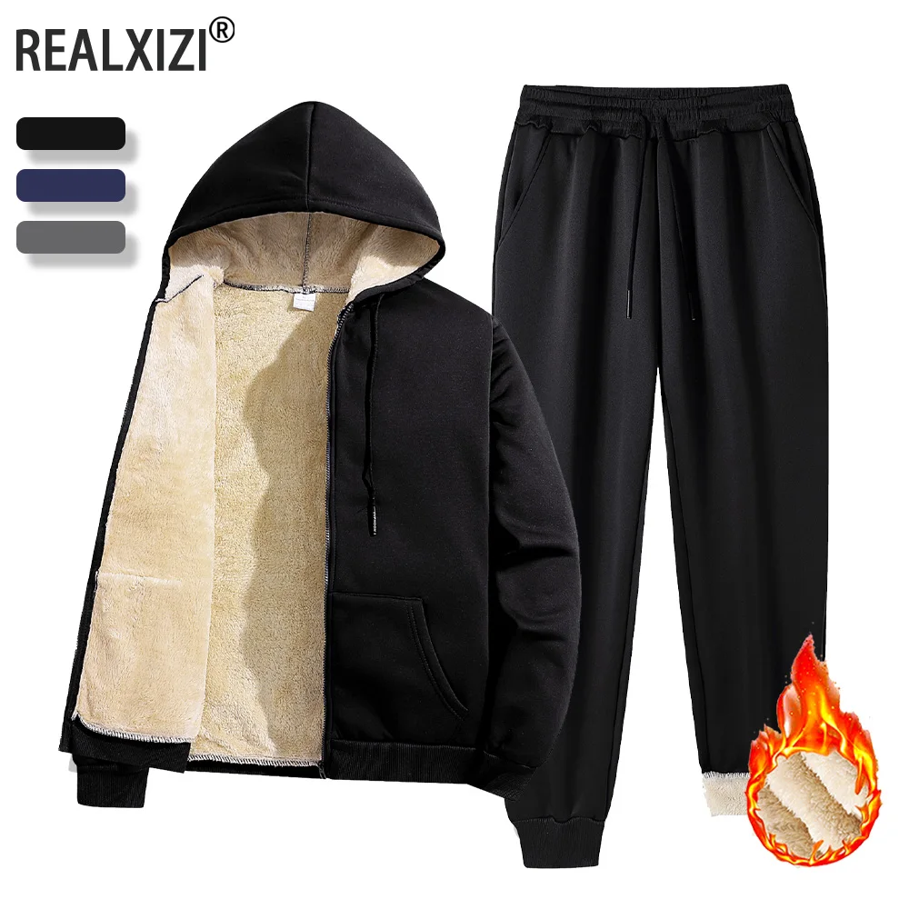 ملابس رياضية رجالية شتوية من صوف امبسوول سترات دافئة بقلنسوة وسحاب + سراويل طويلة سميكة قطيفة طقم مكون من قطعتين ملابس رياضية خارجية للرجال