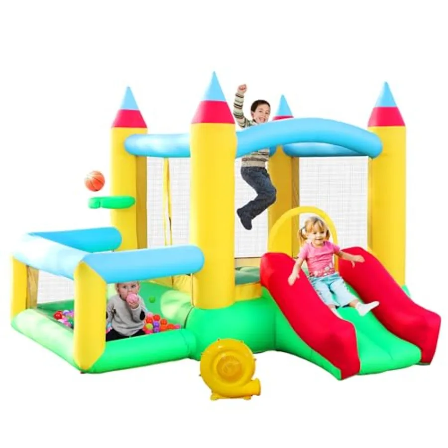 Casa inflable de rebote con tobogán, castillo saltador de 107x106x80 pulgadas con soplador y juego de baloncesto para piscina de pelotas