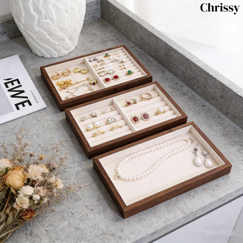 

Wooden Jewelry Display Tray Walnut Color, Ring Necklace Earring Holder Plate, Photography Prop for Counter & Home Decor