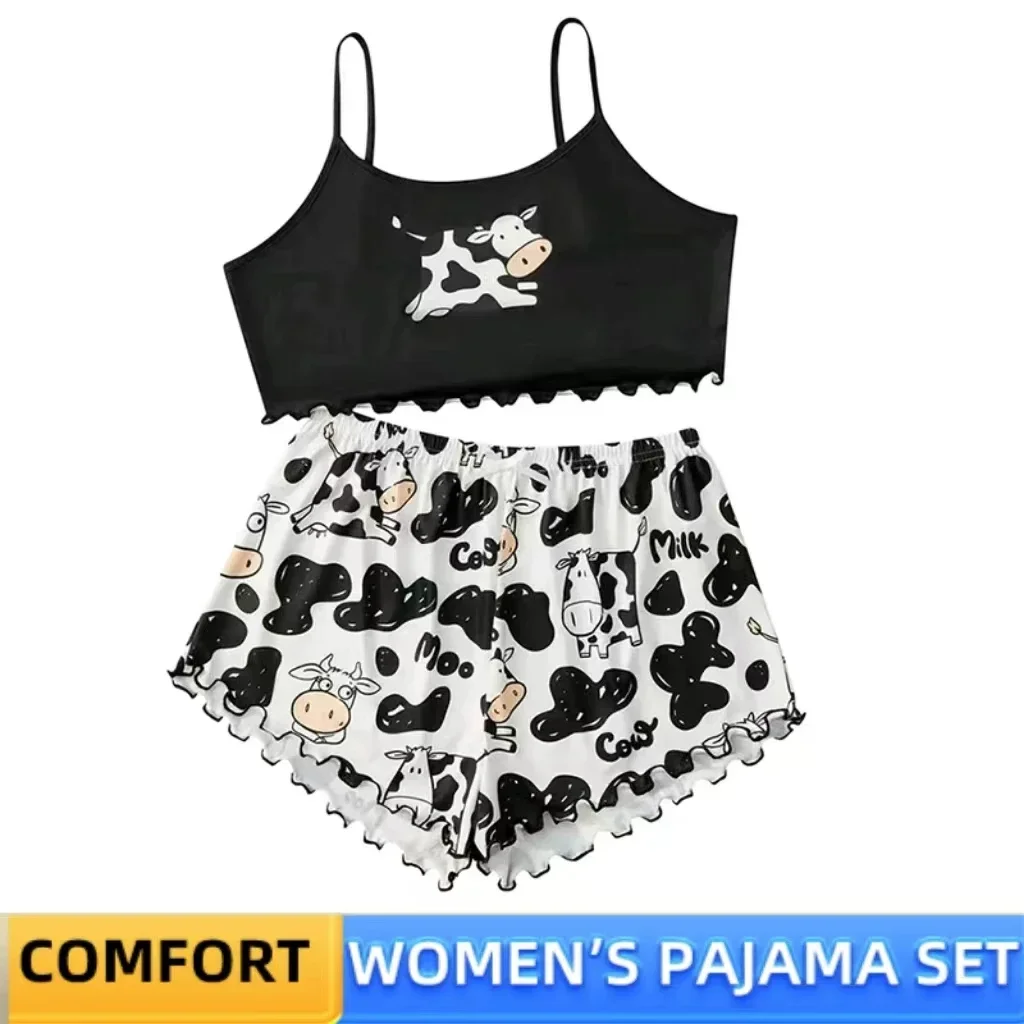 

【HOT】Women's Pajamas Set Sleepwear 2 PCS Camisole And Shorts Sports Cow Cartoon Print Ventilate Soft Casual S M L Black
