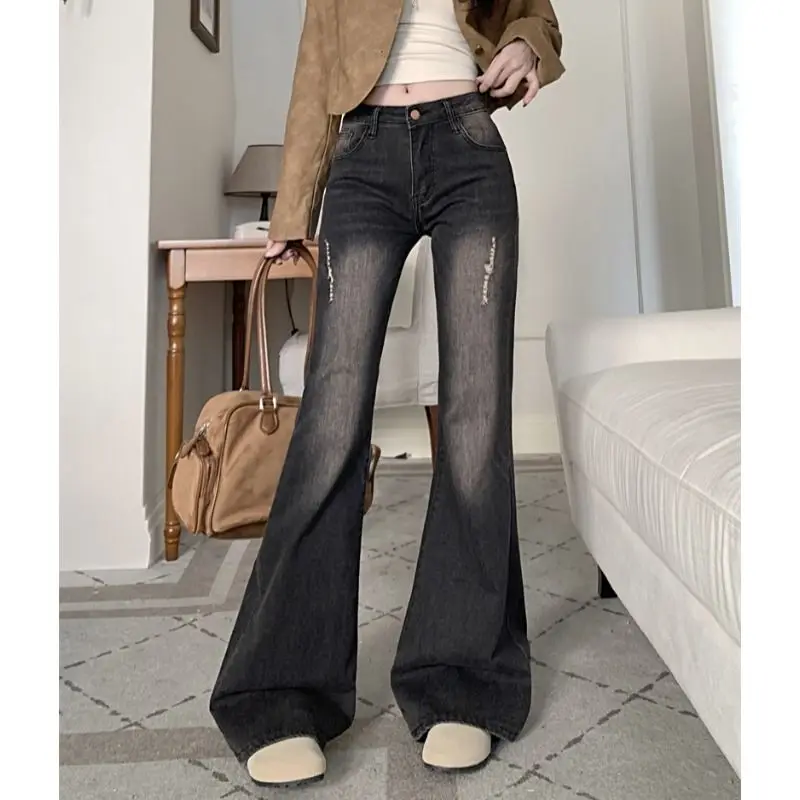 

Женские черные потертые джинсы-клеш со старым рваным дизайном, модные корейские свободные широкие брюки в стиле хип-хоп с низкой талией, брюки-тапочки Ins